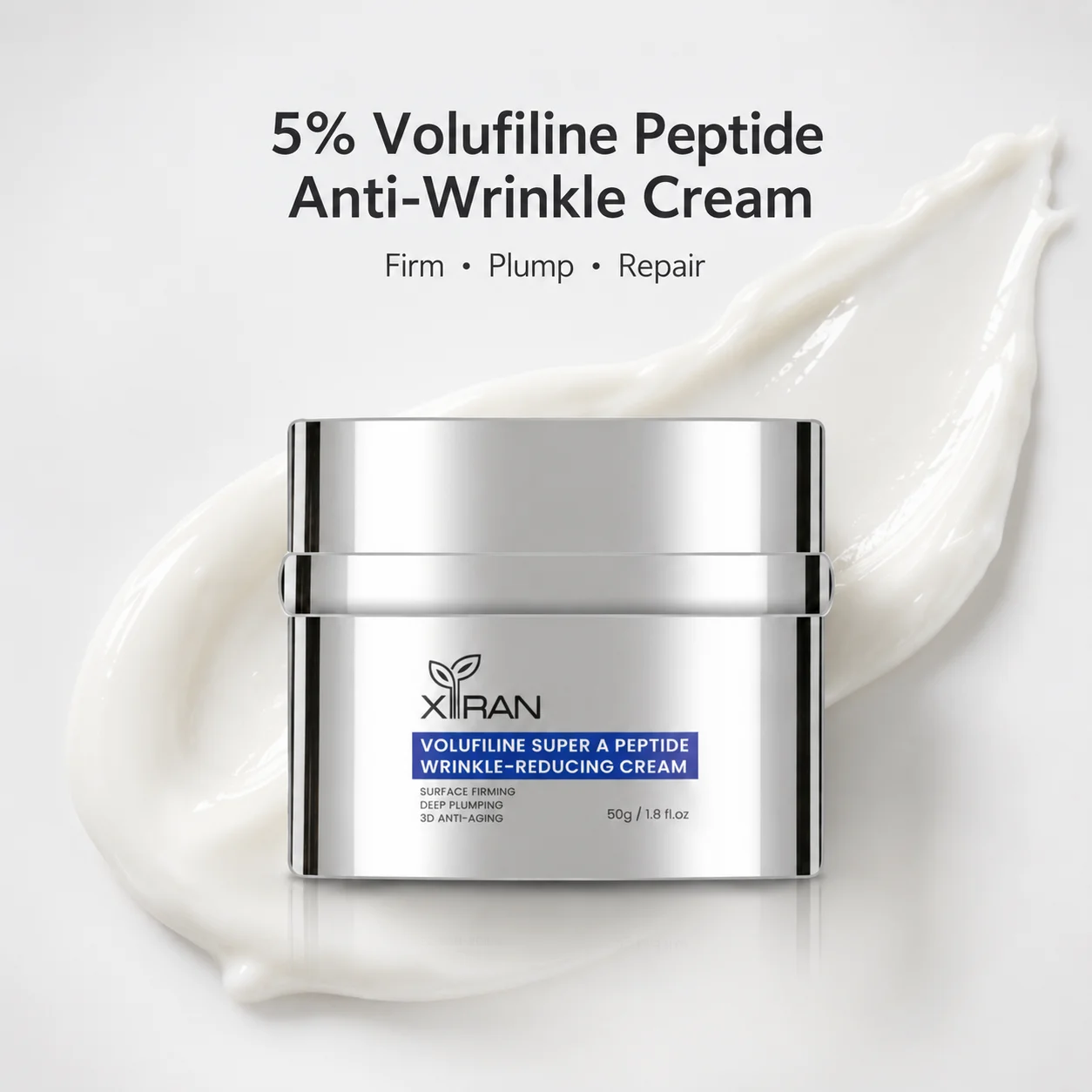 A jar of 5% Volufiline Peptide Anti-Wrinkle Cream with smooth cream texture in the background, promoting firming, plumping, and repair benefits.